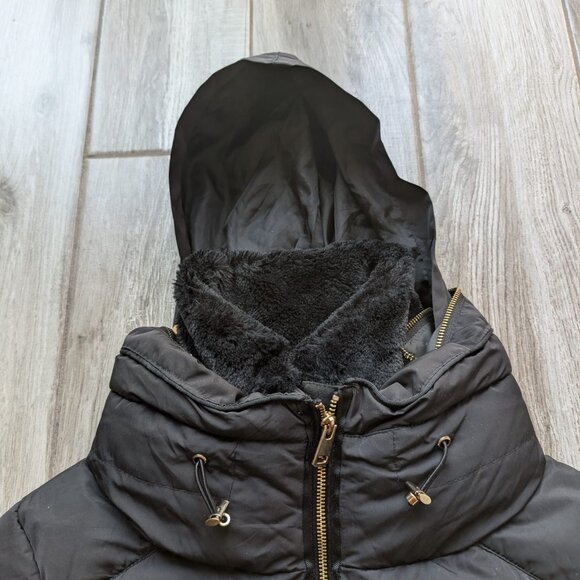 Zara Basic Black Puffer Jacket Faux Fur Lined Hood Women’s L Warm Winter Coat - Picture 8 of 8